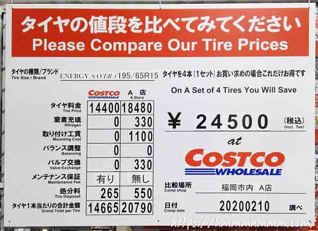 2020年2月-コストコのタイヤと他社の価格比較表