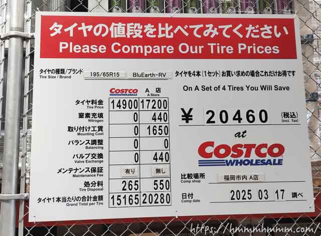 2025年4月 コストコと他店のタイヤ価格比較表