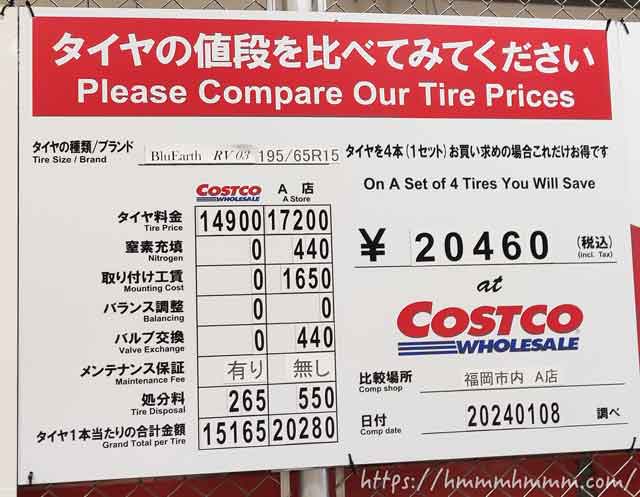 コストコと他店とのタイヤ価格の比較
